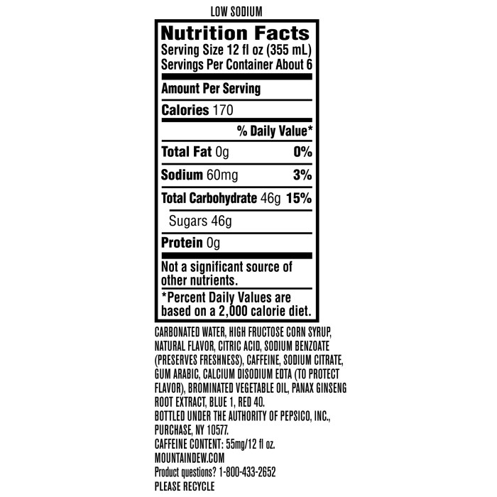 Nutrition facts mt dew